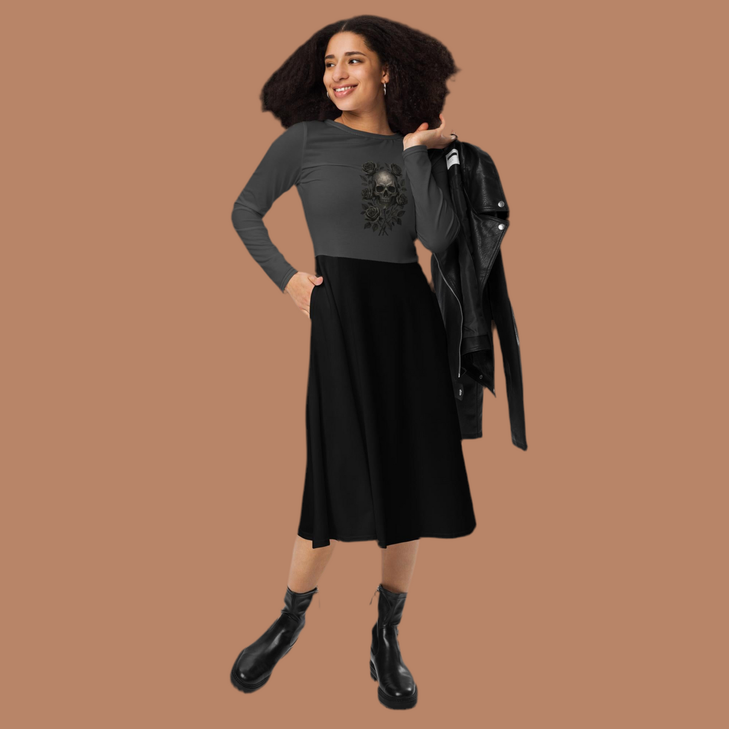 All-over print long sleeve midi dress